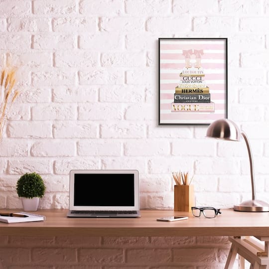 Stupell Industries Glam Fashion Heals with Bookstack and Pink Stripes Framed Wall Art